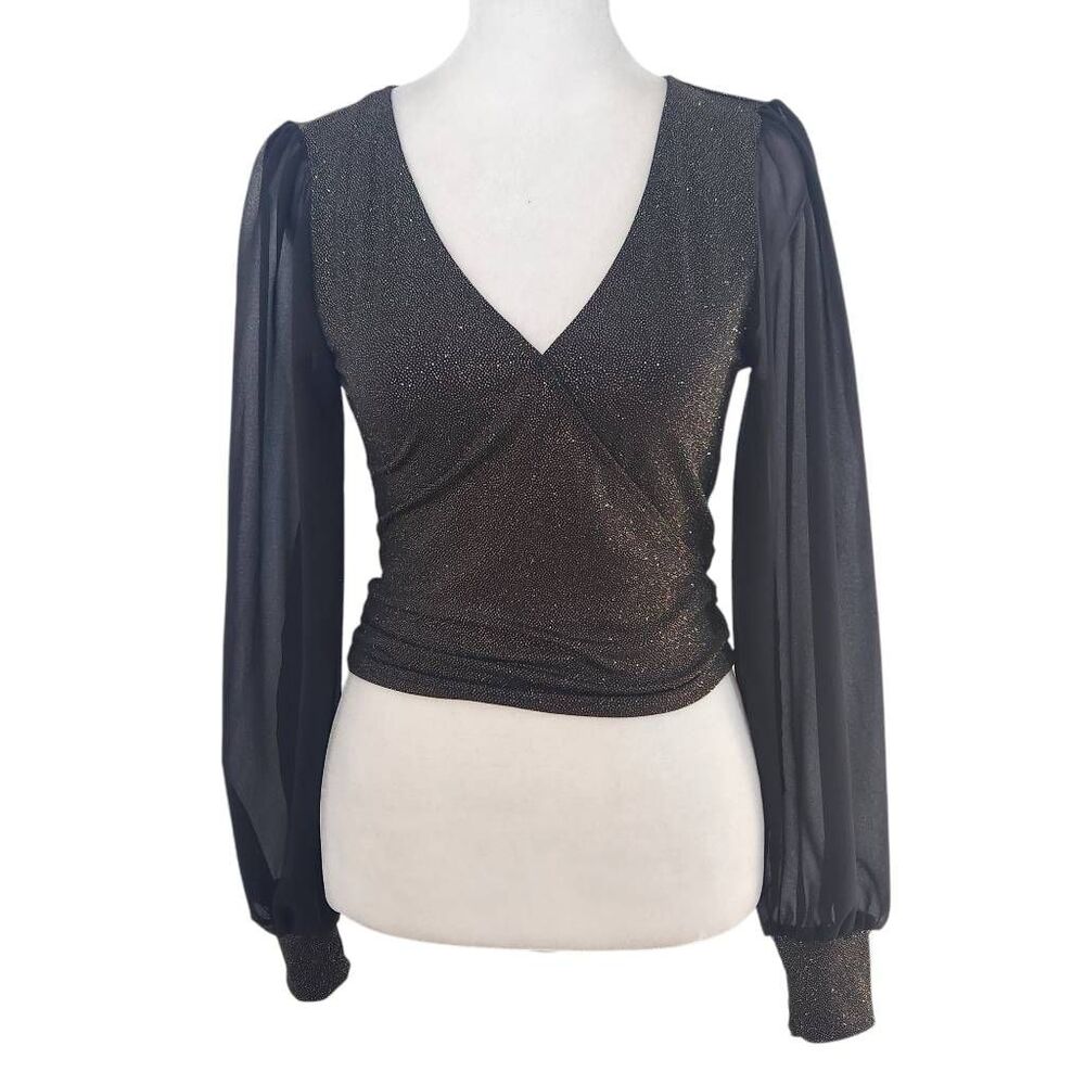Moa Moa Black and Gold Top with Full Sheer Sleeves NWOT Size XS Black Wrap Top